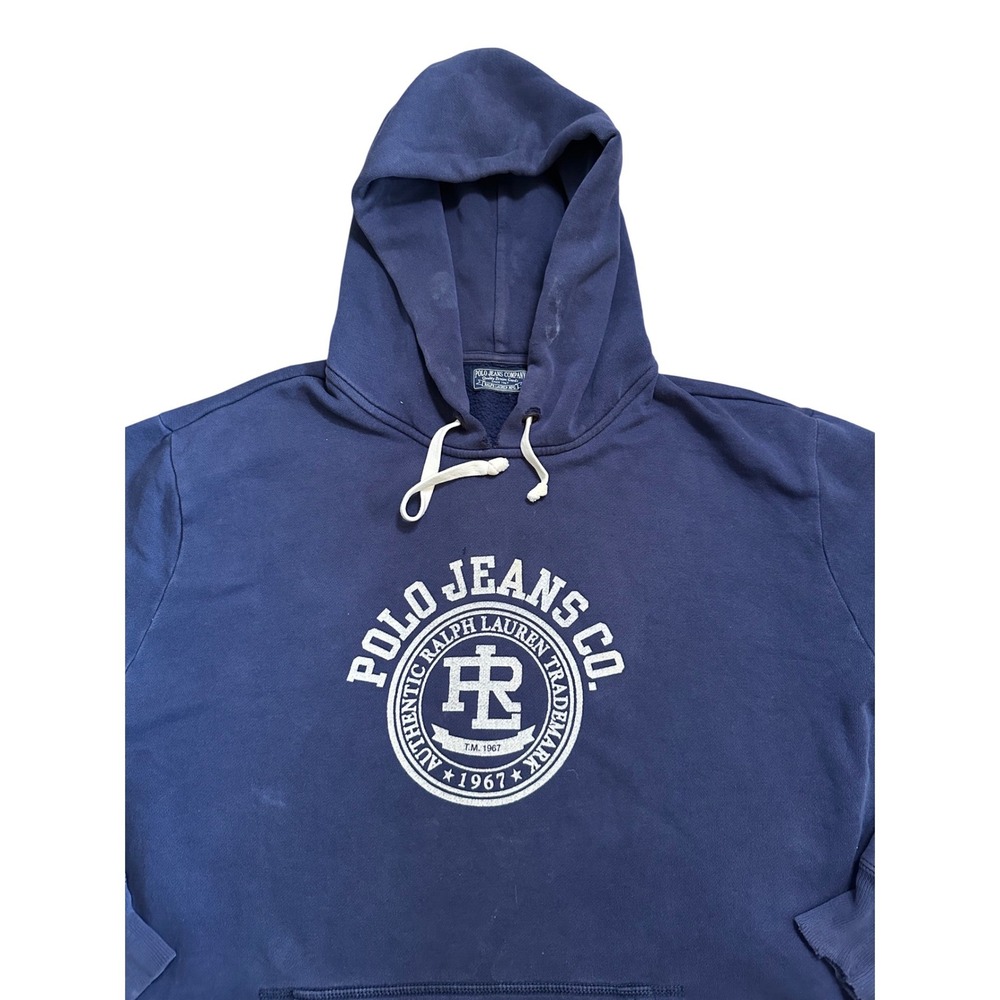 Polo Jeans Co Ralph Lauren Mens Navy Blue‎ Graphic Logo Hoodie Distressed XL